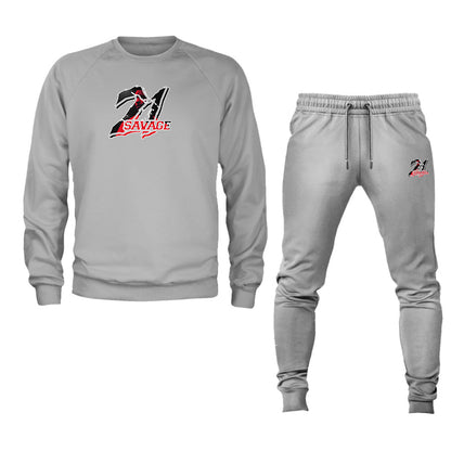 Men's 21 Savage Music Logo Crewneck Sweatshirt Joggers Suit